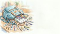 School backpack with art supplies, colored pencils, markers, and sketchbooks arranged on white background for educational design projects.