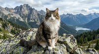 Fluffy tabby cat sitting on rocky mountain peak with dramatic alpine landscape and forest valleys in background under cloudy sky.