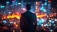 Businessman in dark suit looking at colorful night city skyline with bokeh lights and neon glow, rear view. Modern urban lifestyle and success concept.
