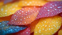 Vibrant autumn leaves covered in morning dew drops create abstract natural pattern. Colorful red, orange and yellow foliage with water droplets in macro photography.