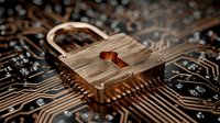 Digital security padlock on computer circuit board representing cybersecurity data protection and network safety for business technology applications.