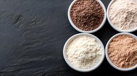Assorted protein powder varieties in white bowls on dark slate background for fitness nutrition and healthy lifestyle supplements.