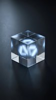 Transparent glass cube with glowing blue light inside, isolated on dark background for design, technology, and innovation concepts.