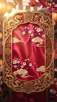 Ornate golden Chinese frame with red silk backdrop featuring cherry blossoms and traditional cloud motifs for festive decorations and cultural celebrations.