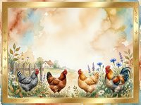 Watercolor farm scene with four chickens and rooster standing in wildflower garden with countryside cottage background, framed with gold border, suitable for farmhouse decor and rustic design projects.