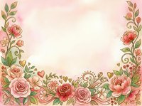 Watercolor floral border with roses, peonies, and decorative foliage on soft pink background. Isolated design element suitable for wedding invitations, greeting cards, and stationery projects.