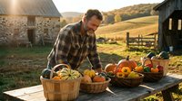 Middle-aged Caucasian farmer arranging fresh autumn harvest vegetables in wicker baskets on rustic wooden table at countryside farm during golden hour sunset.