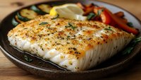 Grilled white fish fillet with herbs and spices served with roasted vegetables on rustic plate. Healthy protein meal for restaurant menu and cooking content.