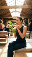Woman in black sleeveless top sipping green smoothie in modern wooden conservatory with skylights, potted plants, and blurred guests socializing in background for wellness, lifestyle, and event concepts.