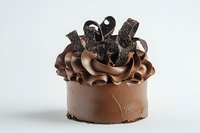 Decadent chocolate mini cake with swirled ganache frosting and dark chocolate curls on a white background, perfect for bakery menus.