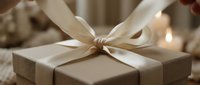 Hands tying an elegant cream ribbon bow on a kraft paper gift box, warm candlelight in background, cozy holiday gifting moment.