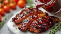 Grilled chicken breast with barbecue sauce being poured over meat, garnished with fresh rosemary and cherry tomatoes on white plate for cooking recipes.