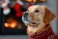 Golden retriever dog wearing festive red sweater by cozy fireplace with Christmas stockings and warm holiday lights creating magical winter atmosphere.