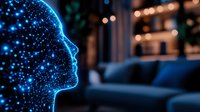 Glowing blue digital profile silhouette showing artificial intelligence and neural network connections against blurred modern interior background with bokeh lights.