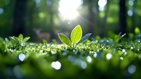Young green sprout growing from soil in morning sunlight with bokeh effect and dew drops. Nature awakening concept for environmental projects and spring season themes.