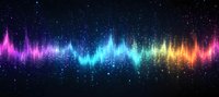 Colorful sound wave spectrum with glowing particles and sparkles on dark background, rainbow audio waveform visualization for music and voice technology.