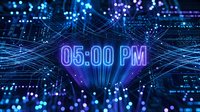 Glowing neon 05:00 PM time display on futuristic digital circuit board background with blue purple light rays and bokeh particles.