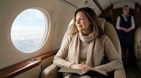 Relaxed businesswoman enjoying luxury private jet flight with scenic cloud view through airplane window during corporate travel.