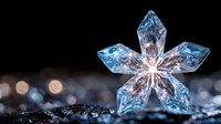 Crystalline snowflake macro with delicate geometric patterns glowing against dark background with bokeh lights, winter nature photography showing intricate ice formation.