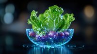 Fresh green lettuce leaves and purple onions in glowing blue glass bowl with magical light effects and water ripples on dark background with bokeh.