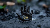 Dramatic black hand emerging from dark soil with glowing yellow cracks, symbolizing rebirth and transformation. Artistic fantasy concept for book covers.