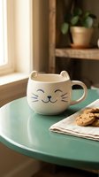 Adorable white cat face mug with whiskers and ears on mint green table with cookies, cozy home interior background for morning coffee break lifestyle.