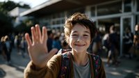 Cheerful young boy waving at camera with bright smile outside school building, crowd of students in background on sunny day.