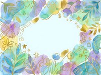 Watercolor floral frame with gold line art, pastel blue, green, purple tones, and white center space for text or design.