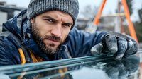 Bearded construction worker in winter workwear and knit beanie installing glass panel outdoors. Close up view of professional glazier at work in cold weather.