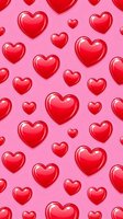 Seamless pattern of glossy red hearts in varying sizes on bright pink background, tiles continuously for wallpapers, textiles, and romantic design projects.