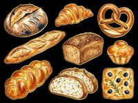 Assorted fresh baked bread and pastries isolated on transparent background. Includes croissant, pretzel, baguette, loaf, rolls, and muffin. Ready for bakery designs, menus, t-shirts, and print-on-demand products.