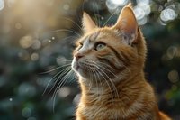 Ginger cat with blue eyes gazing upward in golden sunlight against blurred bokeh background, whiskers catching morning light, close-up portrait showing majestic feline profile.