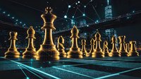 Golden chess pieces illuminated against urban night cityscape with glowing blue grid lines and constellation patterns, dramatic lighting creates strategic business concept.