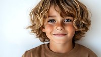 Young boy with wavy blonde hair and bright blue eyes smiling at camera wearing brown t-shirt against white background. Close up portrait showing natural expression.