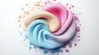 Swirling pastel cream texture with pink, blue and beige colors forming spiral shape surrounded by floating droplets on white background. Suitable for cosmetic advertising.