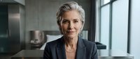 Professional mature Caucasian businesswoman with silver hair in dark suit smiling confidently in modern office with large windows for corporate leadership content.