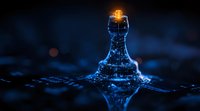 Chess king piece glowing with magical blue light effect on reflective surface with water drops, creating dramatic atmosphere and mysterious ambiance.