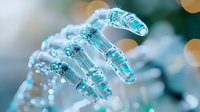Futuristic robotic hand with translucent cyan fingers and glowing elements against blurred bokeh background, representing artificial intelligence and biotechnology advancement.