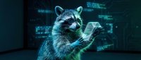 Raccoon hacker with laptop surrounded by digital code and cyber security elements in futuristic technology environment for cybersecurity concepts.