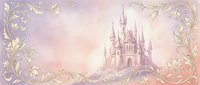 Fairy tale castle with ornate golden floral border on dreamy pink purple background for princess themed designs and fantasy storytelling projects.