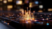Digital data visualization with glowing golden bar charts emerging from circuit board surface representing business analytics and financial growth metrics.