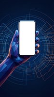 Futuristic low poly hand holding smartphone with blank white screen against digital circuit background for technology mockup presentations.
