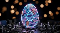 Neon glowing egg with circuit board patterns on computer motherboard with bokeh lights, representing technology, innovation, and digital transformation in modern computing.