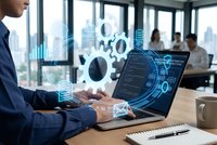 Professional businessman using laptop with digital technology interface and holographic gears in modern office environment for business automation solutions.