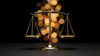 Golden scales of justice with warm bokeh lights creating elegant legal concept for law firm branding and judicial system representation.