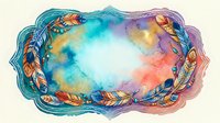 Watercolor boho frame with colorful feathers and ethnic ornaments on white background, isolated for design use.