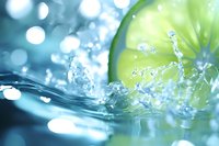 Fresh lime slice splashing into clear water with dynamic droplets and bubbles creating refreshing summer beverage concept for healthy lifestyle.