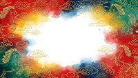 Colorful Asian-inspired decorative frame with dragons, clouds and fireworks creating bright border around white center space for text or design.