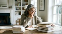 Mature Caucasian woman with gray hair and glasses reading books at home library table surrounded by stacks of literature for research and learning.