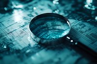 Magnifying glass on circuit board with turquoise tech background showing electronic components and digital patterns in modern technology concept.
